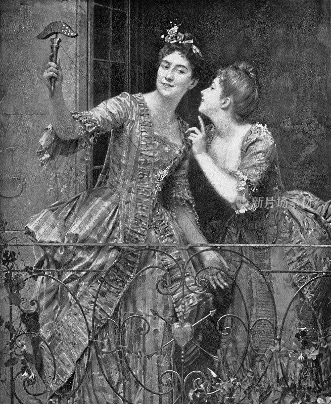 《云雀镜》/《阳台上的两位优雅的女士》，埃米尔・比利亚绘画- 19世纪